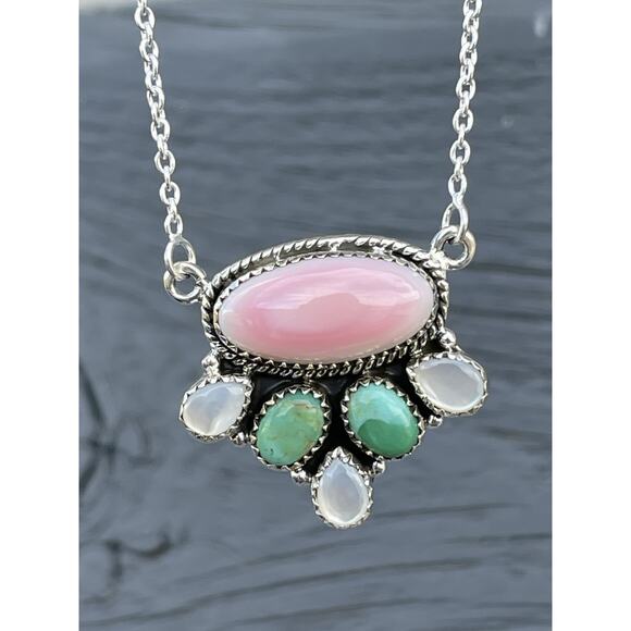Southwestern Sterling Silver Pink Conch Turquoise Opal Cluster Necklace 925 - Picture 1 of 11